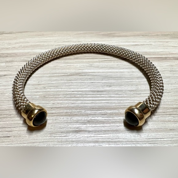 Vintage Designer Sterling Silver & Gold Onyx Cabochon Tip Cuff Bracelet, 7" - Picture 3 of 10